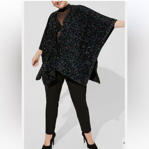 New Torrid Woman’s Black Green Sequined Ruana Cover Up Kimono One Size Fits All